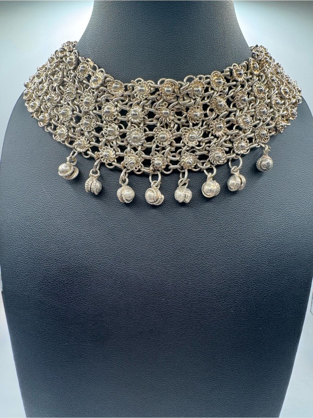 Silver-Tone Chainmail Bib Collar Necklace with Rosettas & Bell Dangles